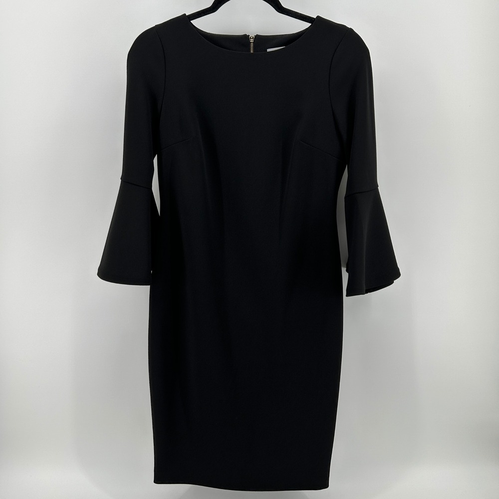 Calvin Klein Black Bell Sleeve Sheath Dress 6P Petite Gold Zip Cocktail Minimal